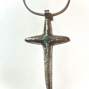 Native American Sand Cast Sterling Silver Cross Necklace with Turquoise Accent